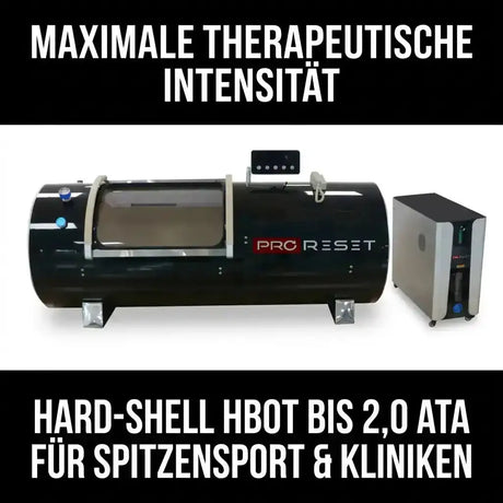 ProReset Orbit 2.0 ATA Hartschalen-Hyperbarkammer – Seitenansicht mit Konzentrator und Titelzeilen
