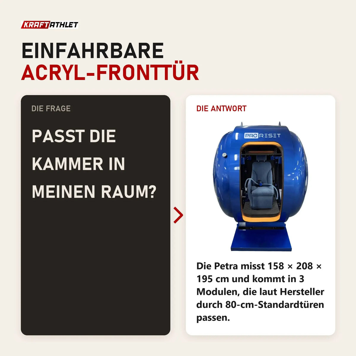 Frage und Antwort zu ProReset Petra Sitz-Hyperbarkammer: Passt die Kammer in meinen Raum?