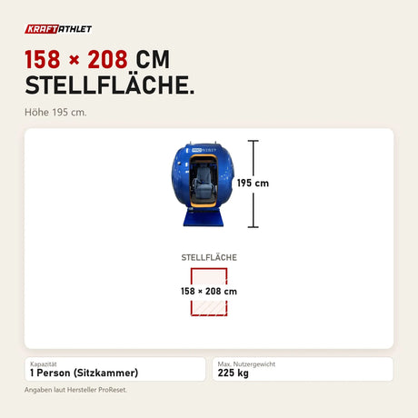 Maßbild ProReset Petra Sitz-Hyperbarkammer: Stellfläche 158 × 208 cm, Höhe 195 cm