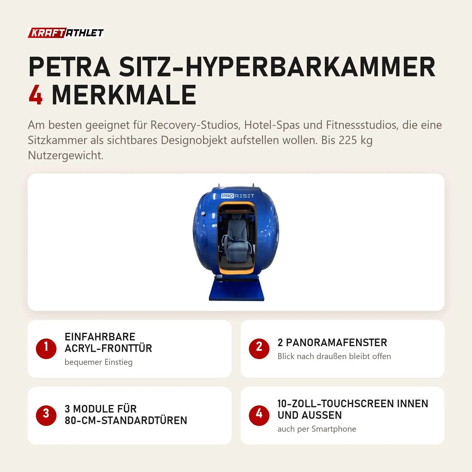 ProReset Petra Sitz-Hyperbarkammer mit 4 Merkmalen: Einfahrbare Acryl-Fronttür, 2 Panoramafenster, 3 Module für 80-cm-Standardtüren, 10-Zoll-Touchscreen innen und außen