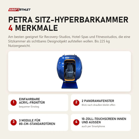 ProReset Petra Sitz-Hyperbarkammer mit 4 Merkmalen: Einfahrbare Acryl-Fronttür, 2 Panoramafenster, 3 Module für 80-cm-Standardtüren, 10-Zoll-Touchscreen innen und außen