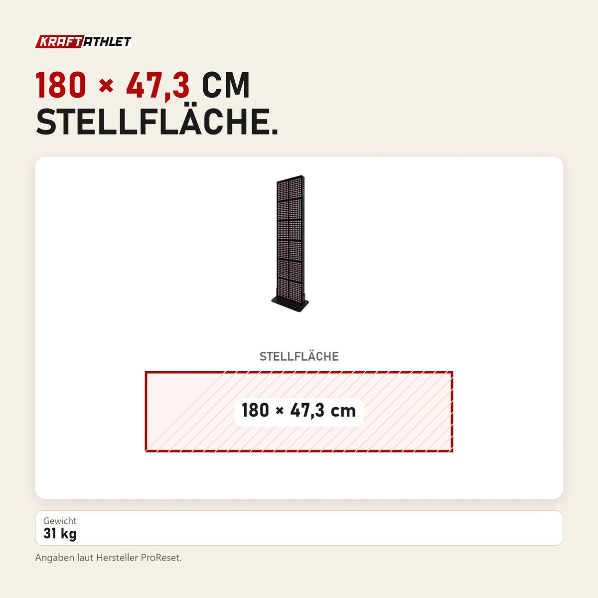 Maßbild ProReset ProRed Max Rotlicht-Infrarotpaneel: Stellfläche 180 × 47,3 cm