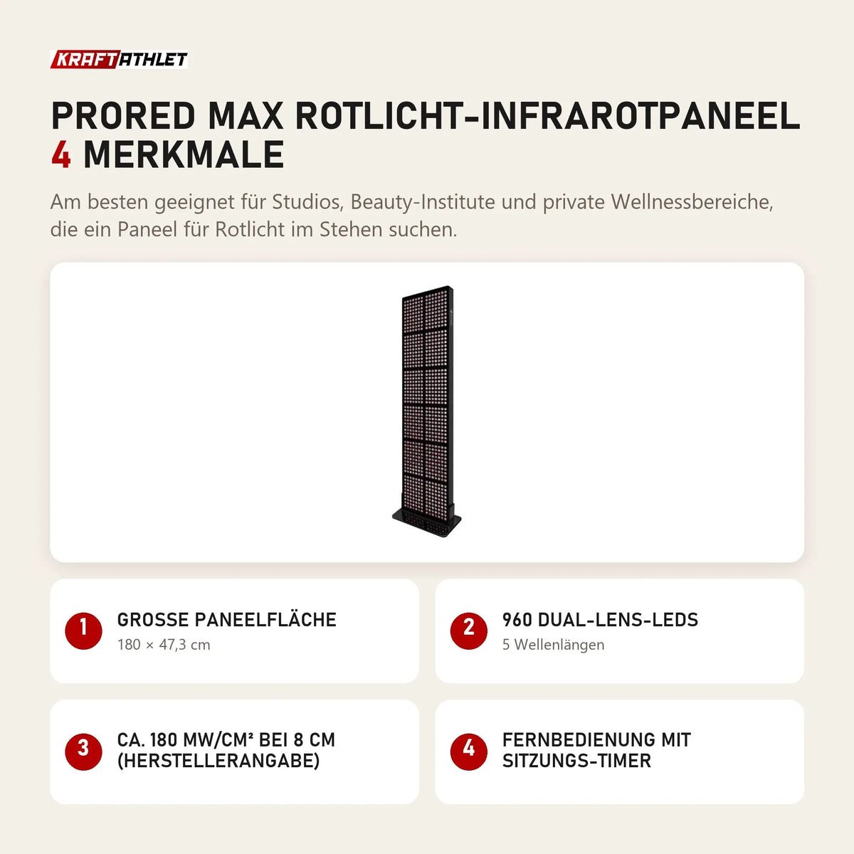 ProReset ProRed Max Rotlicht-Infrarotpaneel mit 4 Merkmalen: Große Paneelfläche, 960 Dual-Lens-LEDs, Ca. 180 mW/cm² bei 8 cm (Herstellerangabe), Fernbedienung mit Sitzungs-Timer
