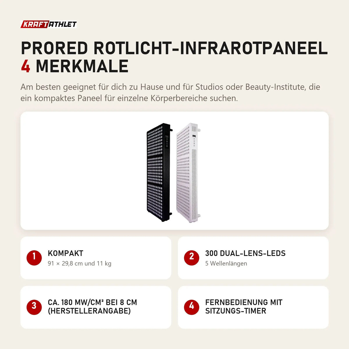 ProReset ProRed Rotlicht-Infrarotpaneel mit 4 Merkmalen: Kompakt, 300 Dual-Lens-LEDs, Ca. 180 mW/cm² bei 8 cm (Herstellerangabe), Fernbedienung mit Sitzungs-Timer