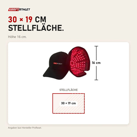 Maßbild ProReset Rotlicht-Cap: Stellfläche 30 × 19 cm, Höhe 16 cm