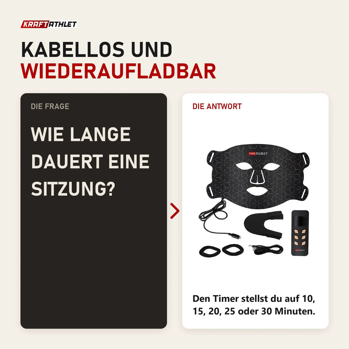 Frage und Antwort zu ProReset Rotlicht-Gesichtsmaske: Wie lange dauert eine Sitzung?