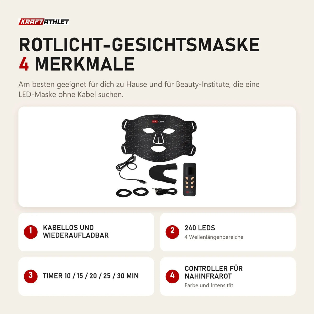 ProReset Rotlicht-Gesichtsmaske mit 4 Merkmalen: Kabellos und wiederaufladbar, 240 LEDs, Timer 10 / 15 / 20 / 25 / 30 min, Controller für Nahinfrarot