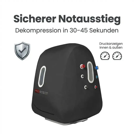 ProReset Space Softshell-Hyperbarkammer, Grafik zum Notausstieg und Druckanzeigen