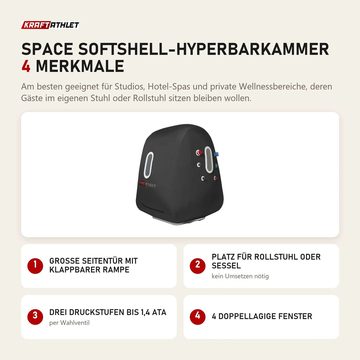 ProReset Space Softshell-Hyperbarkammer mit 4 Merkmalen: Große Seitentür mit klappbarer Rampe, Platz für Rollstuhl oder Sessel, Drei Druckstufen bis 1,4 ATA, 4 doppellagige Fenster