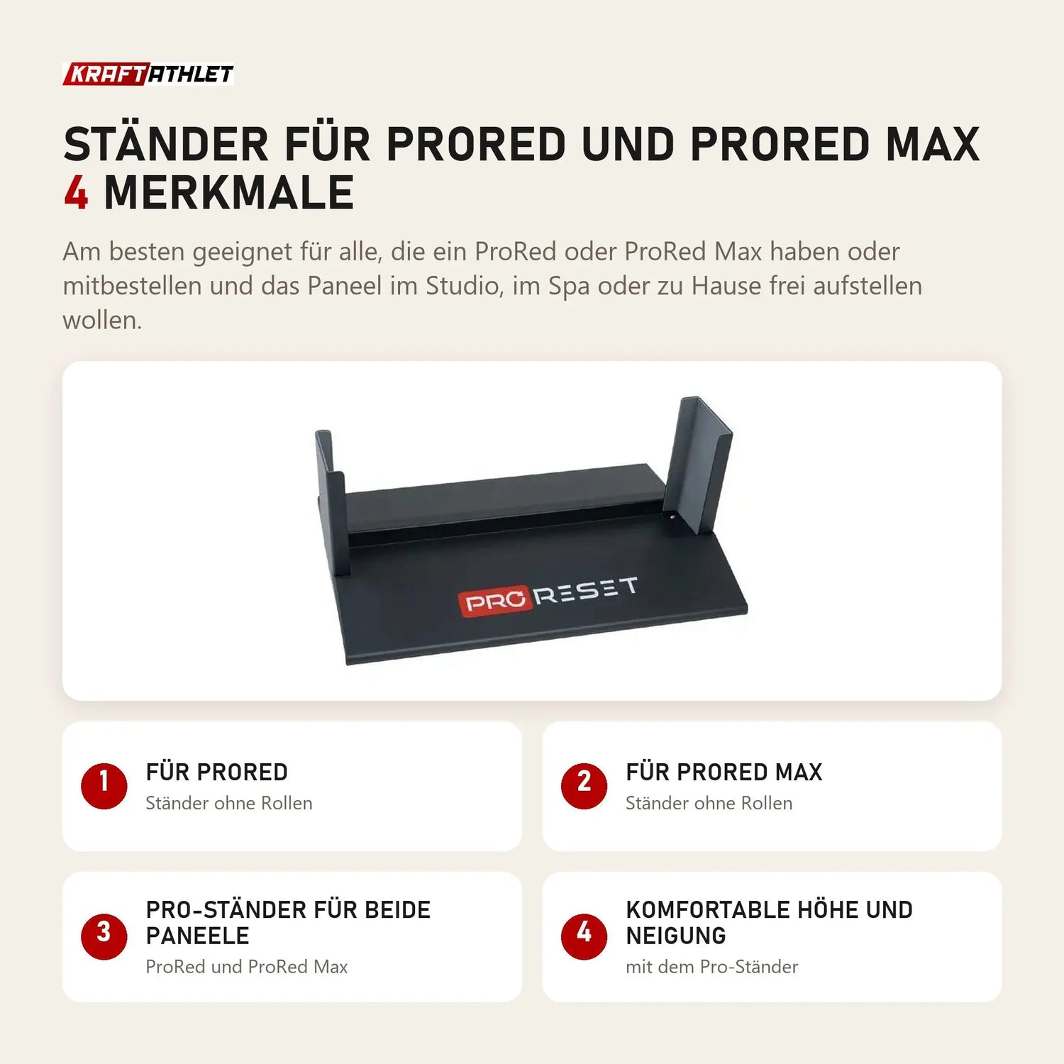 ProReset Ständer für ProRed und ProRed Max mit 4 Merkmalen: Für ProRed, Für ProRed Max, Pro-Ständer für beide Paneele, Komfortable Höhe und Neigung
