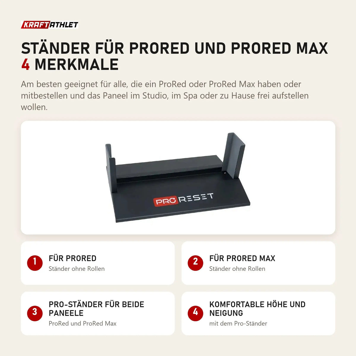ProReset Ständer für ProRed und ProRed Max mit 4 Merkmalen: Für ProRed, Für ProRed Max, Pro-Ständer für beide Paneele, Komfortable Höhe und Neigung