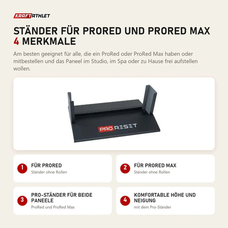 ProReset Ständer für ProRed und ProRed Max mit 4 Merkmalen: Für ProRed, Für ProRed Max, Pro-Ständer für beide Paneele, Komfortable Höhe und Neigung