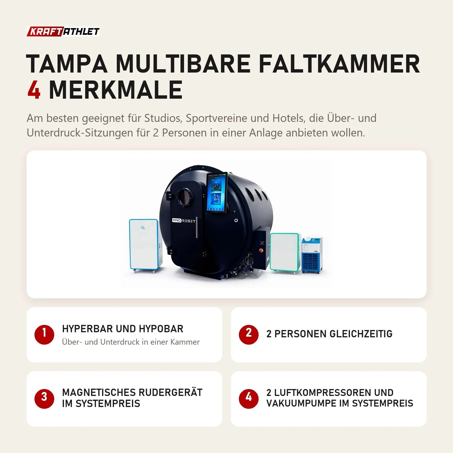 ProReset TAMPA Multibare Faltkammer mit 4 Merkmalen: Hyperbar und hypobar, 2 Personen gleichzeitig, Magnetisches Rudergerät im Systempreis, 2 Luftkompressoren und Vakuumpumpe im Systempreis