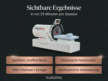 ProReset VacuPro Vakuum-Wellnesssystem – Grafik zur Session-Dauer mit Geräteansicht