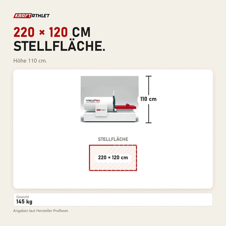 Maßbild ProReset VacuPro Vakuum-Wellnesssystem: Stellfläche 220 × 120 cm, Höhe 110 cm