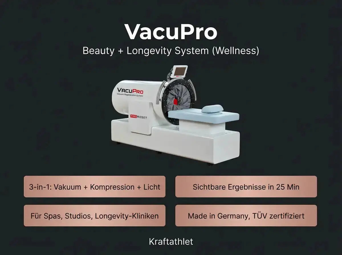 ProReset VacuPro Vakuum-Wellnesssystem – Übersicht mit Geräteansicht auf dunklem Grund