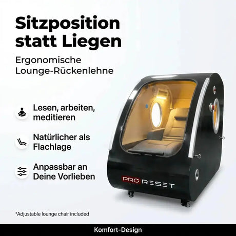 ProReset Vista Sitz-Hyperbarkammer – Grafik zur Sitzposition mit Lounge-Rückenlehne