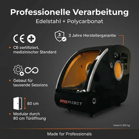 ProReset Vista Sitz-Hyperbarkammer – Grafik zu Verarbeitung, Edelstahl und Türmaß