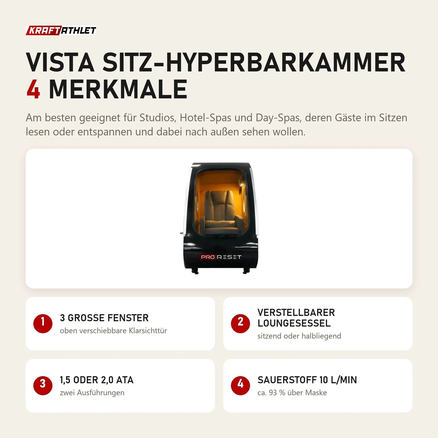 ProReset Vista Sitz-Hyperbarkammer mit 4 Merkmalen: 3 große Fenster, Verstellbarer Loungesessel, 1,5 oder 2,0 ATA, Sauerstoff 10 l/min