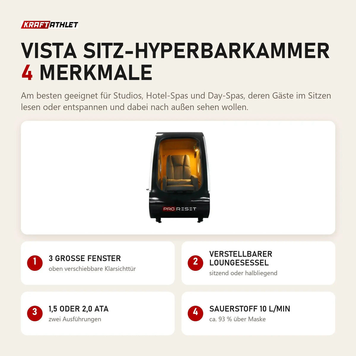ProReset Vista Sitz-Hyperbarkammer mit 4 Merkmalen: 3 große Fenster, Verstellbarer Loungesessel, 1,5 oder 2,0 ATA, Sauerstoff 10 l/min