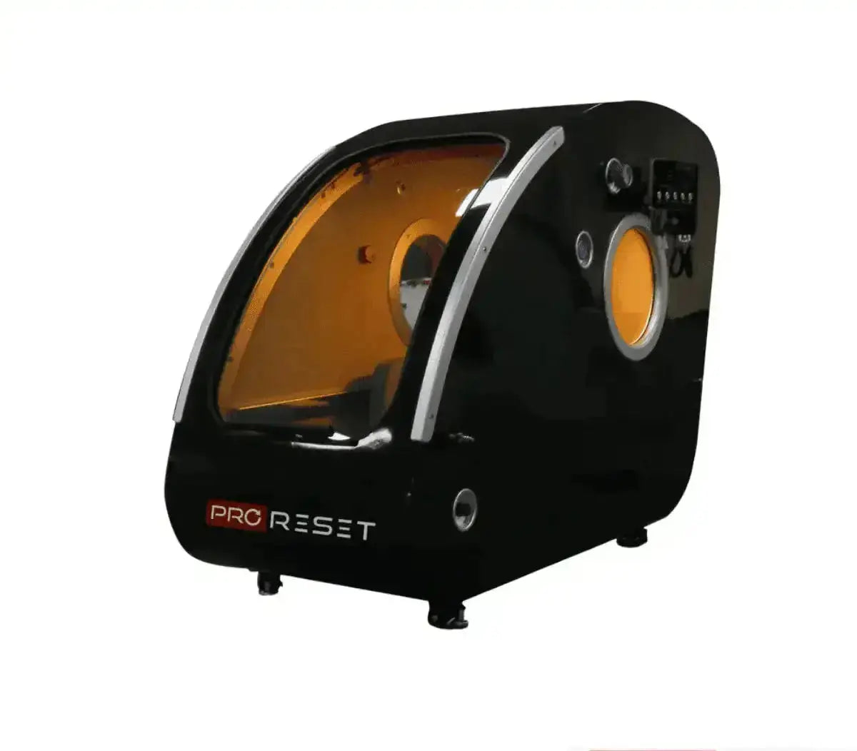ProReset Vista Sitz-Hyperbarkammer – Schrägansicht in Schwarz mit Schiebetür und Seitenfenster