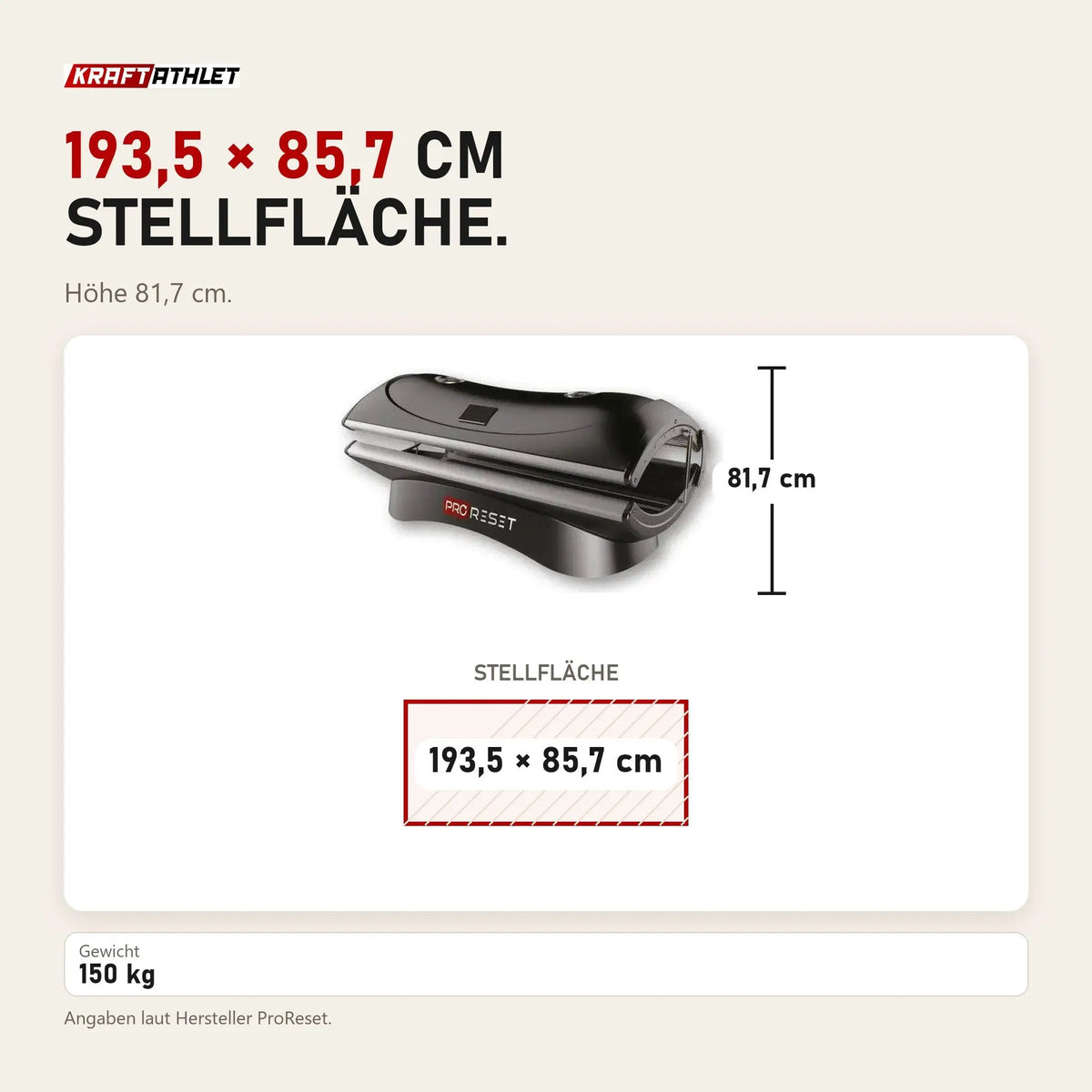 Maßbild ProReset XenoLight Rotlicht-Bett: Stellfläche 193,5 × 85,7 cm, Höhe 81,7 cm