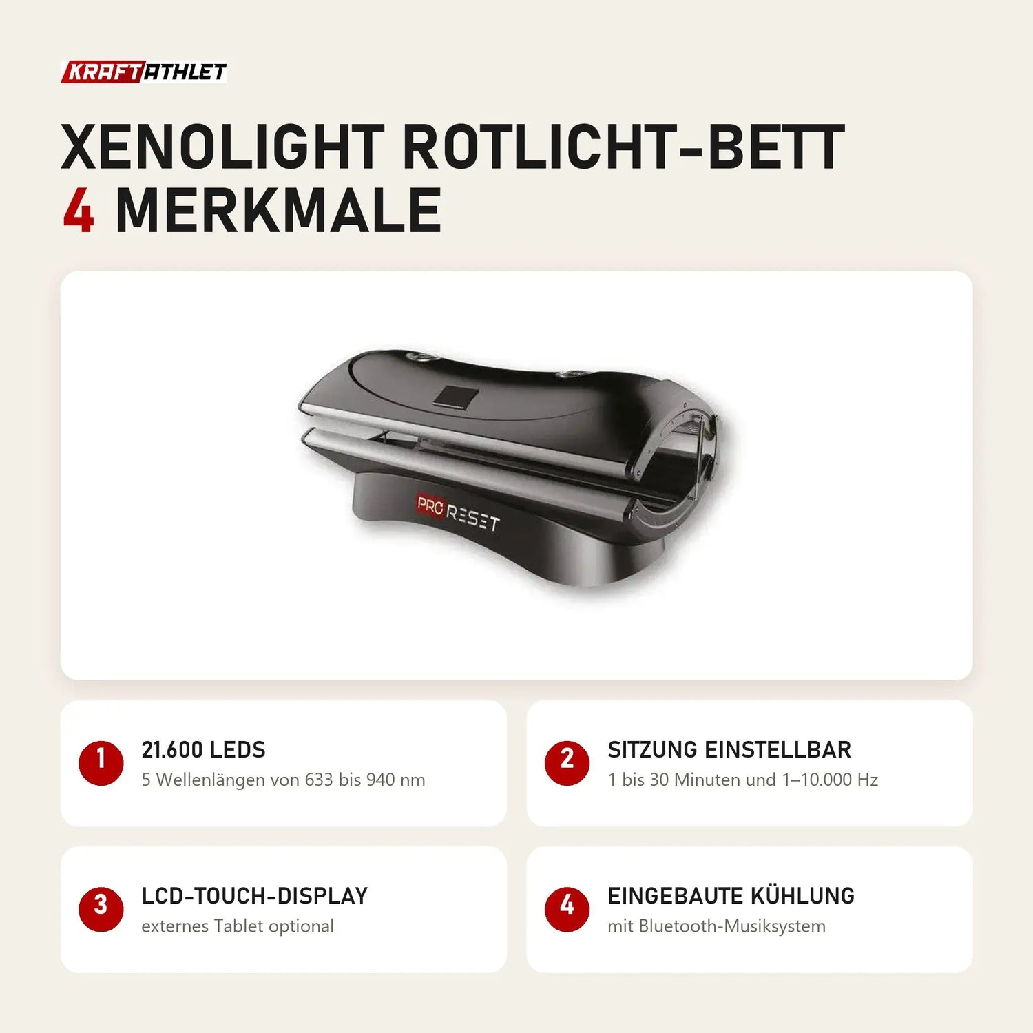 ProReset XenoLight Rotlicht-Bett mit 4 Merkmalen: 21.600 LEDs, Sitzung einstellbar, LCD-Touch-Display, Eingebaute Kühlung