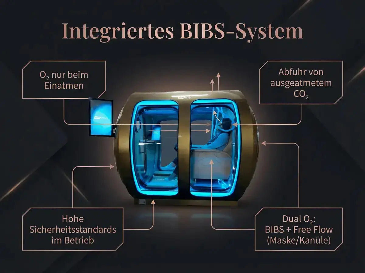 Grafik zum integrierten BIBS-System der ProReset Zeugma Panorama Hyperbarkammer mit Maske und Kanüle