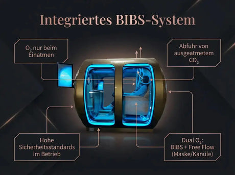 Grafik zum integrierten BIBS-System der ProReset Zeugma Panorama Hyperbarkammer mit Maske und Kanüle