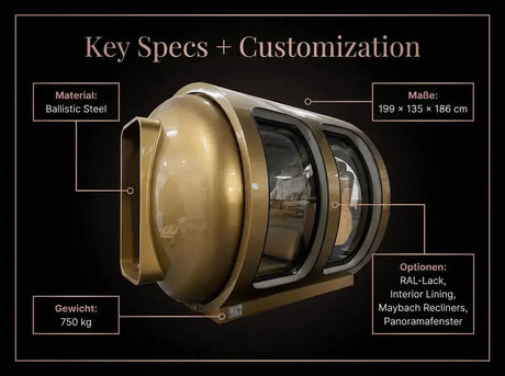 Grafik mit Maßen und Ausstattungsoptionen der ProReset Zeugma Panorama Hyperbarkammer in Bronze