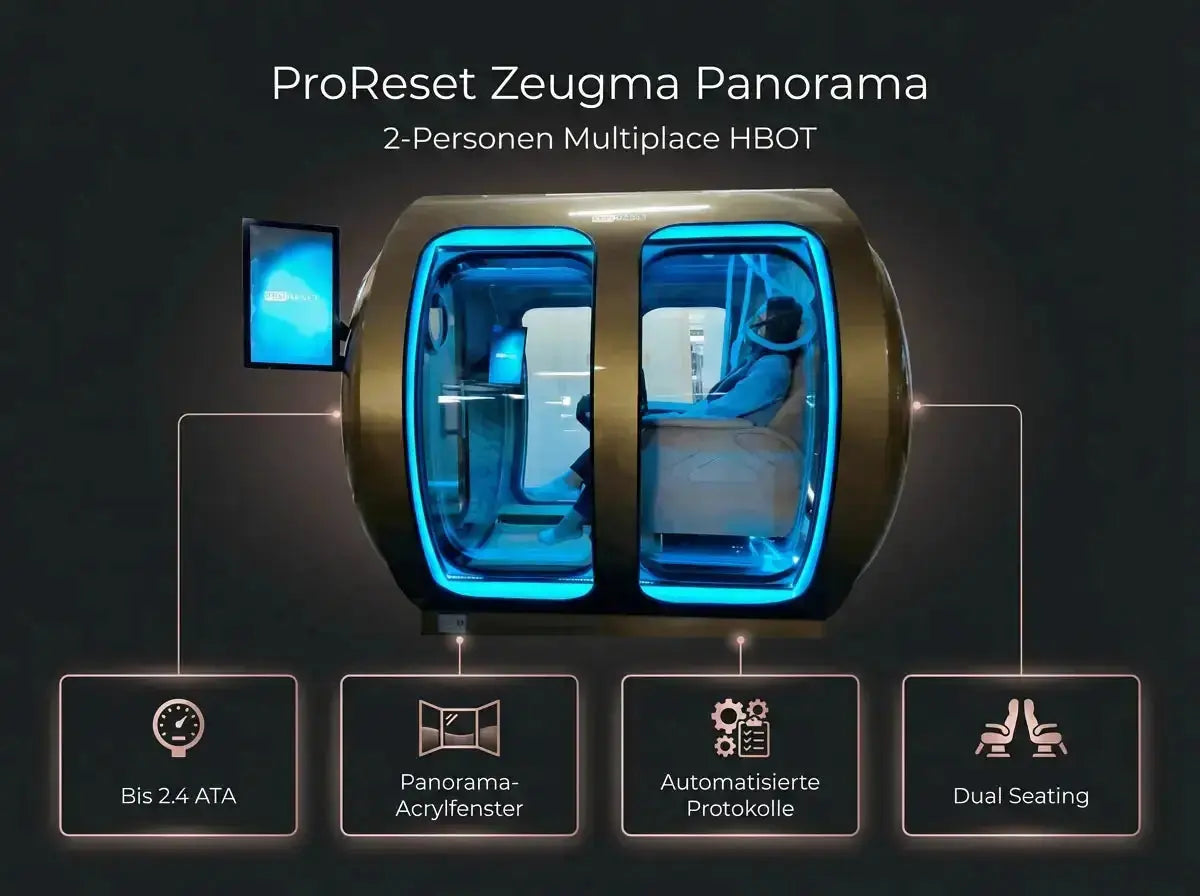 Übersichtsgrafik der ProReset Zeugma Panorama Hyperbarkammer mit Fenstern, Display und Doppelsitz