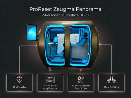 Übersichtsgrafik der ProReset Zeugma Panorama Hyperbarkammer mit Fenstern, Display und Doppelsitz