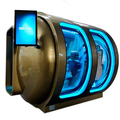 ProReset Zeugma Panorama Hyperbarkammer in Schrägansicht, blau beleuchtete Fenster und Seitenwand