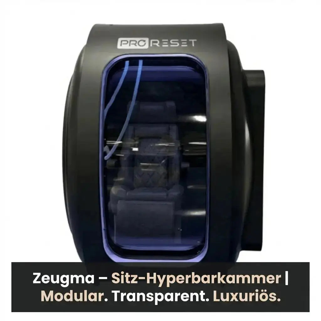 ProReset Zeugma Sitz-Hyperbarkammer – Frontansicht in Schwarz mit Titelzeile zur modularen Bauweise