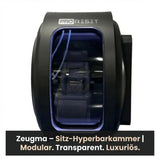 ProReset Zeugma Sitz-Hyperbarkammer – Frontansicht in Schwarz mit Titelzeile zur modularen Bauweise