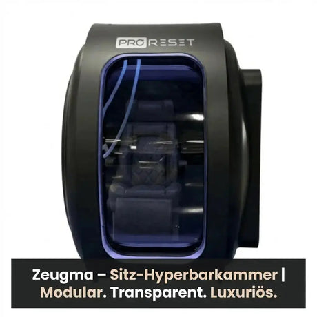 ProReset Zeugma Sitz-Hyperbarkammer – Frontansicht in Schwarz mit Titelzeile zur modularen Bauweise