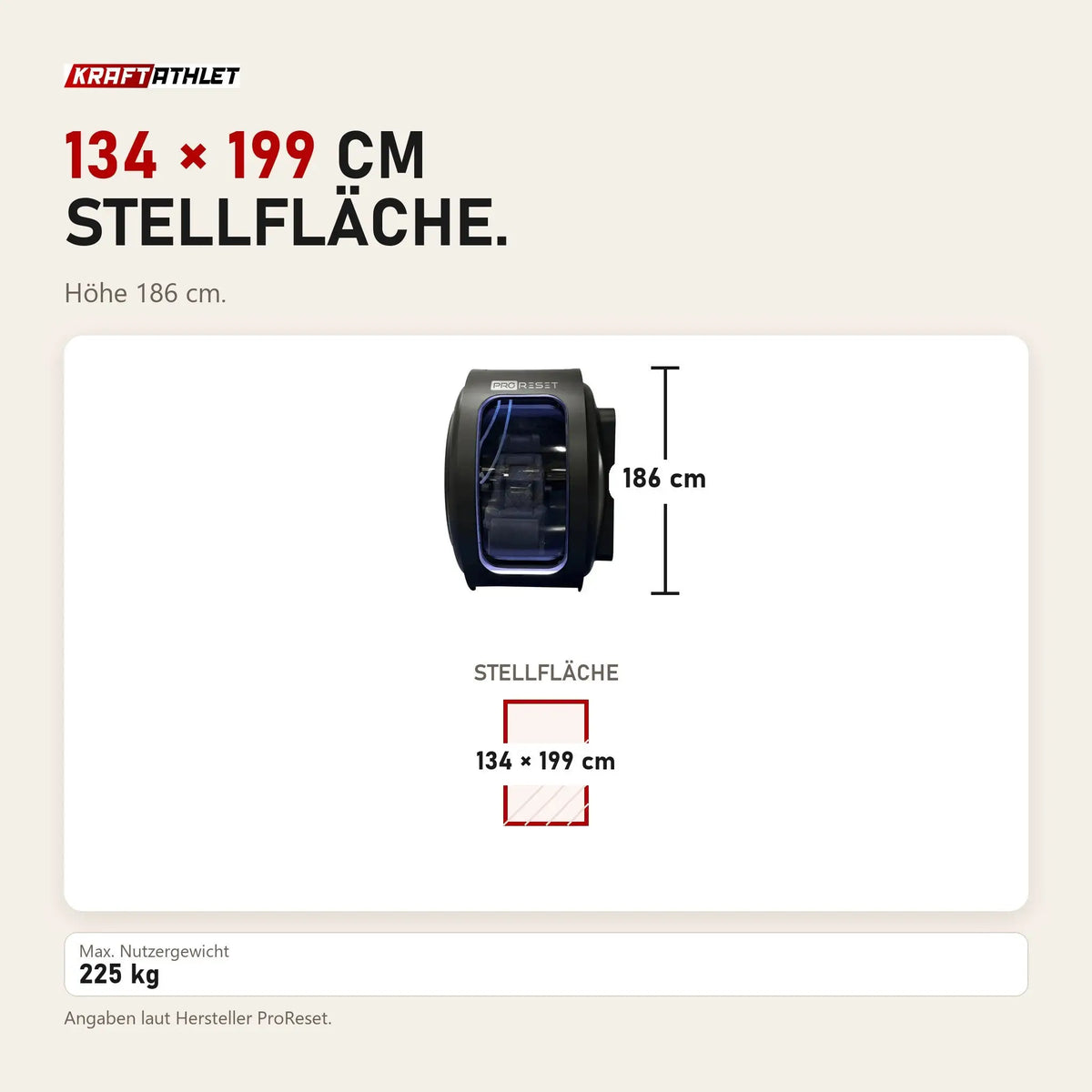 Maßbild ProReset Zeugma Sitz-Hyperbarkammer: Stellfläche 134 × 199 cm, Höhe 186 cm
