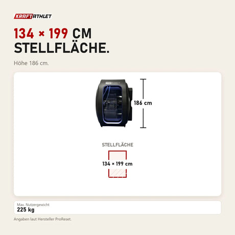 Maßbild ProReset Zeugma Sitz-Hyperbarkammer: Stellfläche 134 × 199 cm, Höhe 186 cm