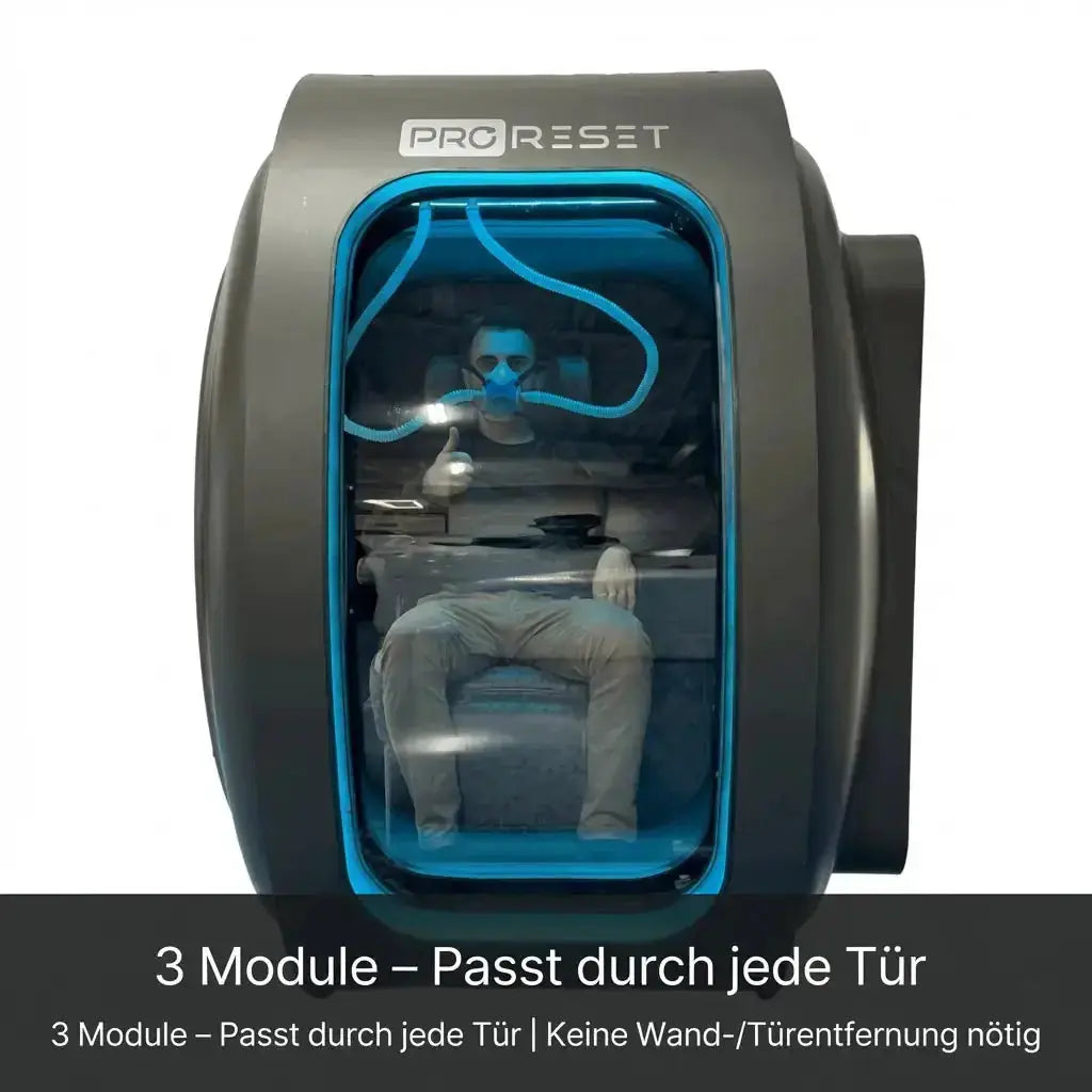 ProReset Zeugma Sitz-Hyperbarkammer mit Person im Innenraum und Hinweis auf drei Module