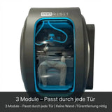 ProReset Zeugma Sitz-Hyperbarkammer mit Person im Innenraum und Hinweis auf drei Module