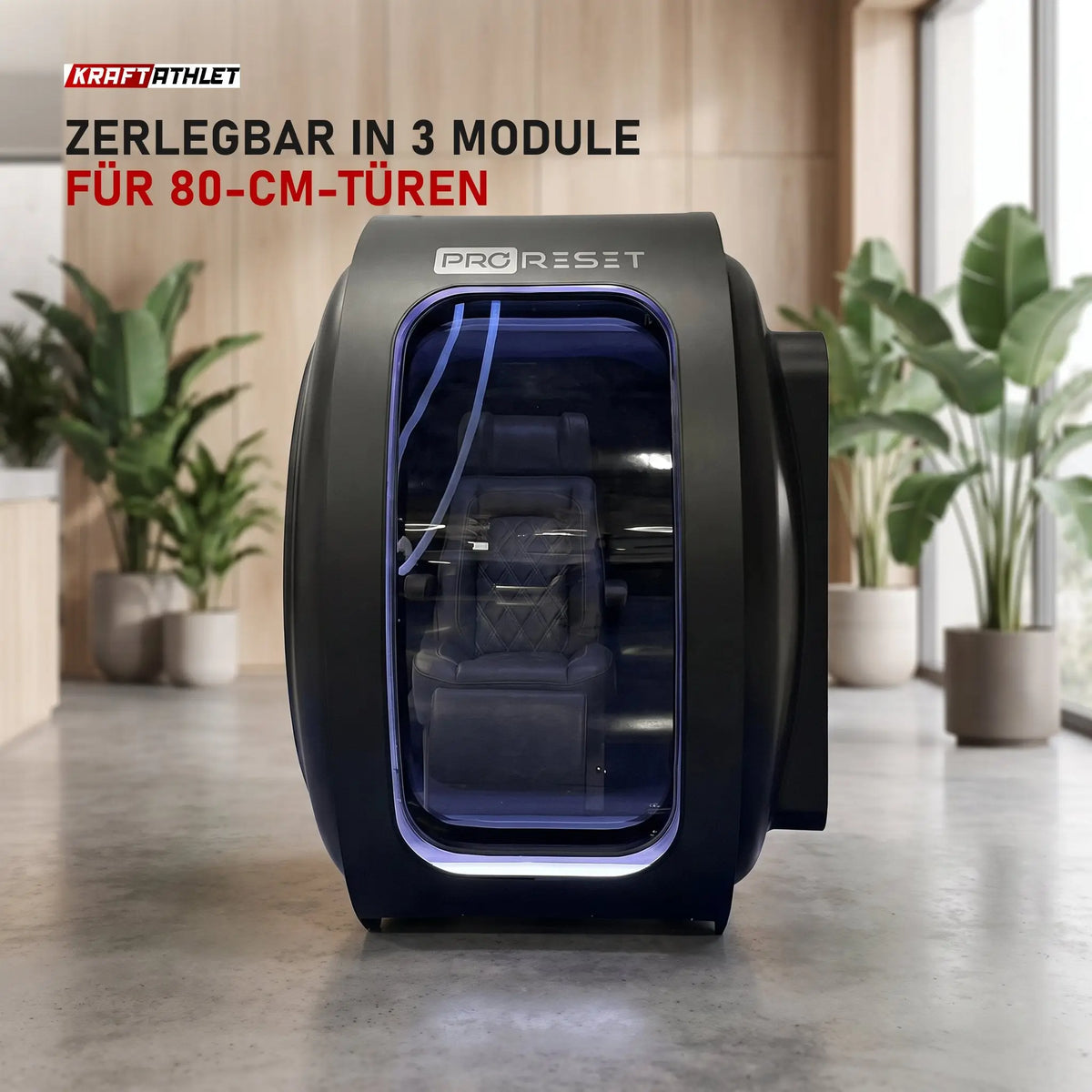 ProReset Zeugma Sitz-Hyperbarkammer in einer hellen Recovery-Lounge
