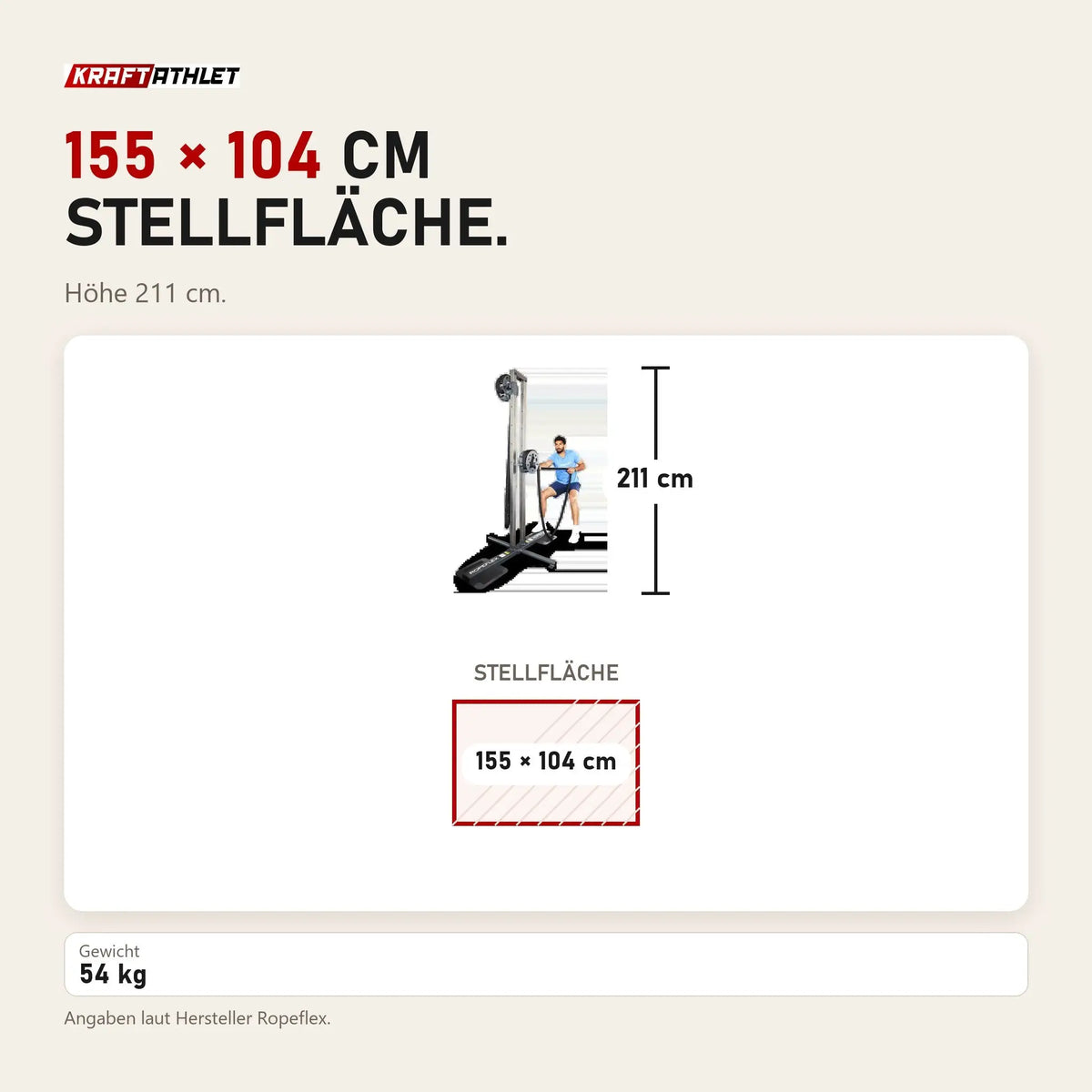 Maßbild Ropeflex RX1500 Endlosseil-Station: Stellfläche 155 × 104 cm, Höhe 211 cm