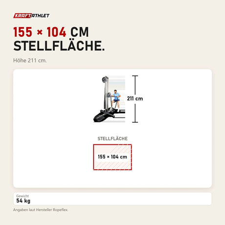 Maßbild Ropeflex RX1500 Endlosseil-Station: Stellfläche 155 × 104 cm, Höhe 211 cm