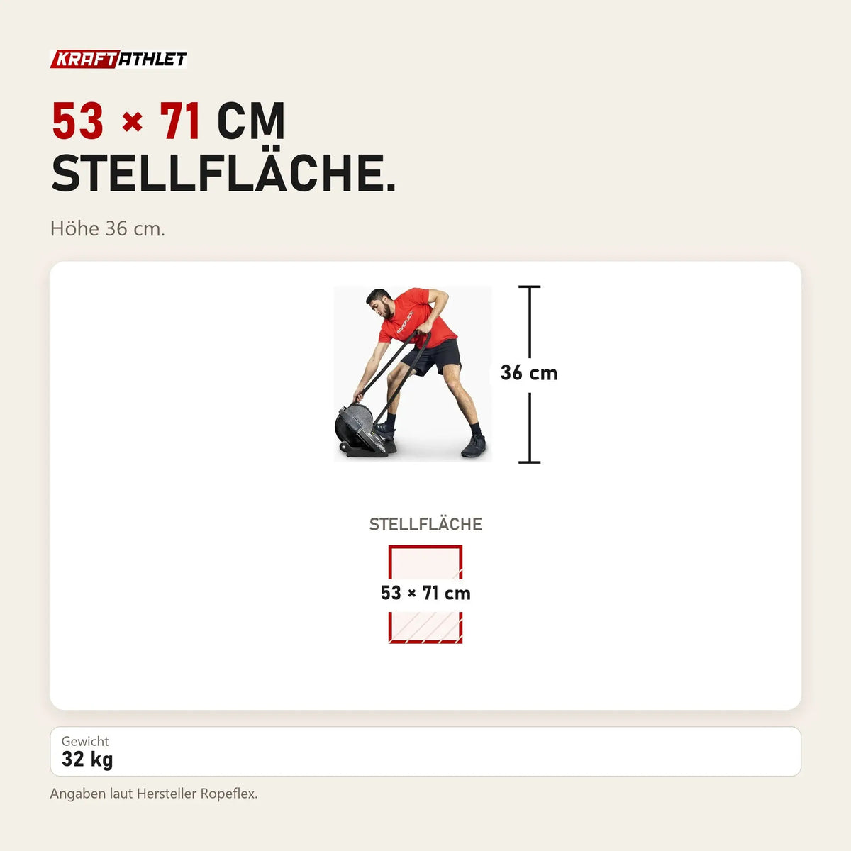 Maßbild Ropeflex RX2000 Endlosseil-Bodengerät: Stellfläche 53 × 71 cm, Höhe 36 cm