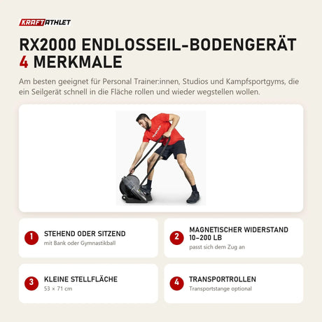 Ropeflex RX2000 Endlosseil-Bodengerät mit 4 Merkmalen: Stehend oder sitzend, Magnetischer Widerstand 10–200 lb, Kleine Stellfläche, Transportrollen