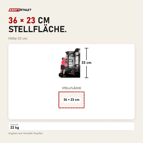 Maßbild Ropeflex RX2100 Endlosseil-Trainer für Wand und Rack: Stellfläche 36 × 23 cm, Höhe 33 cm