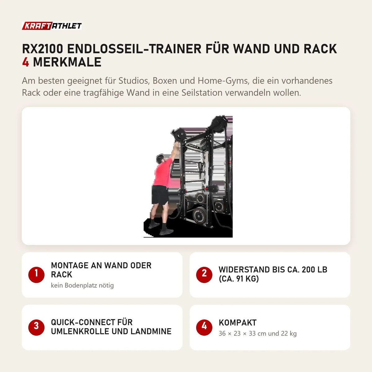 Ropeflex RX2100 Endlosseil-Trainer für Wand und Rack mit 4 Merkmalen: Montage an Wand oder Rack, Widerstand bis ca. 200 lb (ca. 91 kg), Quick-Connect für Umlenkrolle und Landmine, Kompakt