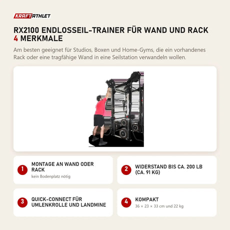 Ropeflex RX2100 Endlosseil-Trainer für Wand und Rack mit 4 Merkmalen: Montage an Wand oder Rack, Widerstand bis ca. 200 lb (ca. 91 kg), Quick-Connect für Umlenkrolle und Landmine, Kompakt