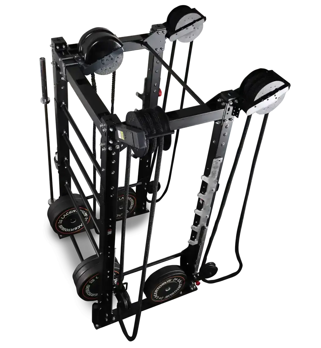 Ropeflex RX2100 Endlosseil-Trainer für Wand und Rack – Schrägansicht von oben mit Seilrollen und Widerstandsmodulen