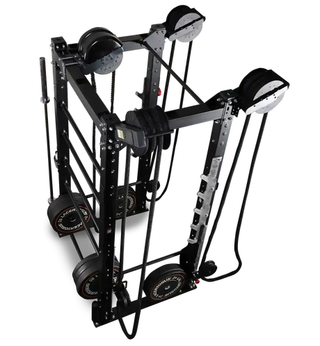 Ropeflex RX2100 Endlosseil-Trainer für Wand und Rack – Schrägansicht von oben mit Seilrollen und Widerstandsmodulen